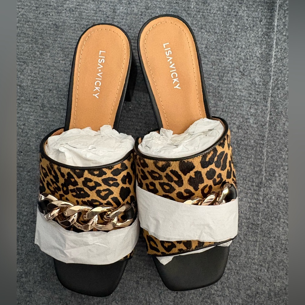 Lisa Vicky Leopard Print Mules with Gold Chain